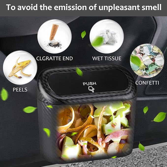 Accmor Car Trash Can with Lid, 2 Pack Mini Vehicle Trash Bin Car Dustbin Garbage Organizer Holder with Trash Bag, Small Hanging Leakproof Auto Storage Bag Container (Carbon Fiber)