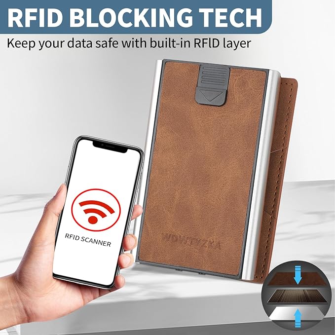Mens slim Wallet，with RFID Shielding, Holds 9 Cards Easily, card wallet for Men, Minimalist Wallet For Men, Made of aluminum and Pu Synthetic Leather, Includes Cash clip (Brown)