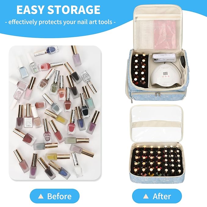 CUBETASTIC Extra Large Nail Polish Organizer Case Holds 86 to 100+ Bottles Nail Polish & Nail Lamp, Nail Supplies Storage Carrying Bag with 2 Removable Pouches, White Floral in Blue