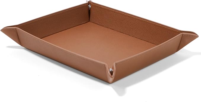 Leatherology Cognac Leather Rectangle Valet Tray – Sleek Catchall Organizer for Desk, Nightstand, or Entryway – Snap Design with Stitched Edge Detailing