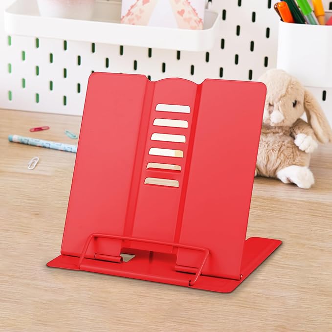 Honagu Small Metal Desk Book Stand for Reading Hands Free, Adjustable Cookbook Holder, Portable Bookstand for Music Books, Textbook, Recipe, Tablet, Ipad (Red)