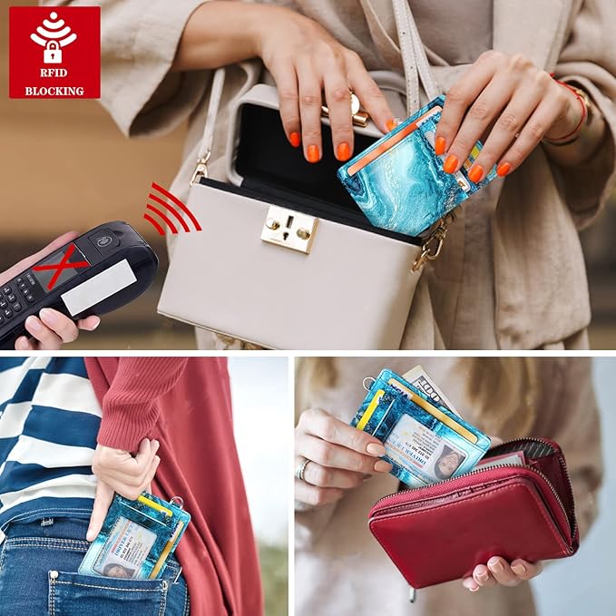 Coco Rossi Slim Front Pocket Wallet RFID ID Card Holder Cute Small Wallet with Keychian for Women,Flowing Blue