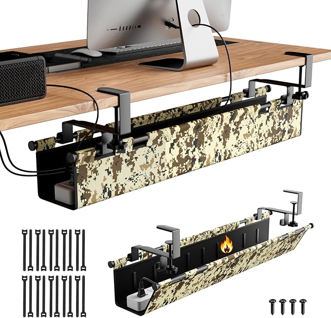 No-Drill Under Desk Cable Management Tray,Upgraded Wider(39"L x 5.9"W) & Double Layer Thickened Standing Desk Cable Organizer,2 Mounting Options-Clamp Or Screw Cord Holder for Home,Office