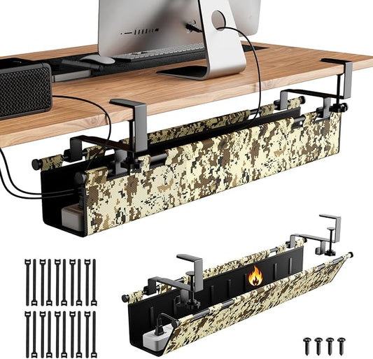 No-Drill Under Desk Cable Management Tray,Upgraded Wider(39"L x 5.9"W) & Double Layer Thickened Standing Desk Cable Organizer,2 Mounting Options-Clamp Or Screw Cord Holder for Home,Office