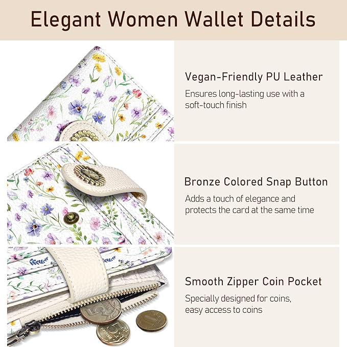 Kelvoris Flowers Floral Small Rfid Women Wallet Bifold Zipper Coin Pocket PU Leather Compact Cash Credit Card Holder Travel Wallet for Female Ladies Teen Girls 1 ID Window 10 Card Slots