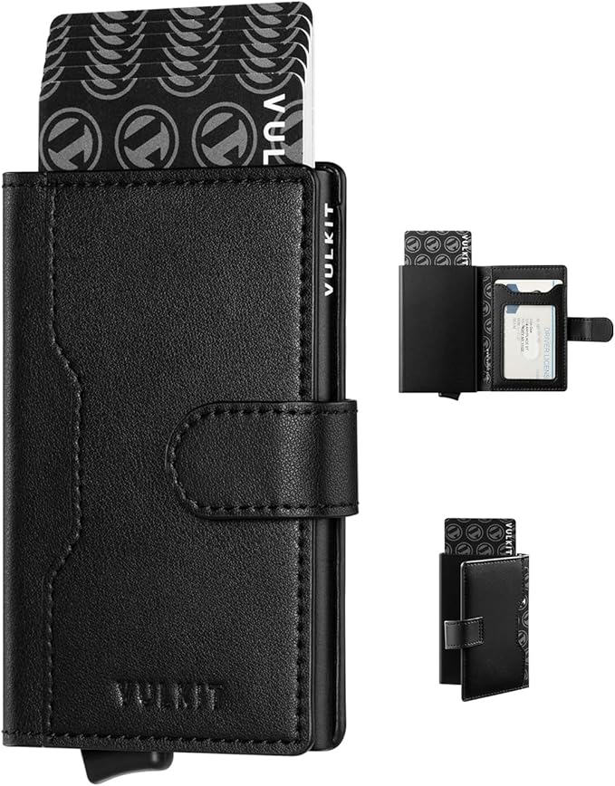 VULKIT Slim Bifold Pop up Wallet Minimalist Leather Card Holder RFID Blocking Metal Card Case with ID Window for Women | with Leather Slots, RFID Blocking, Slim, Metal Card Case