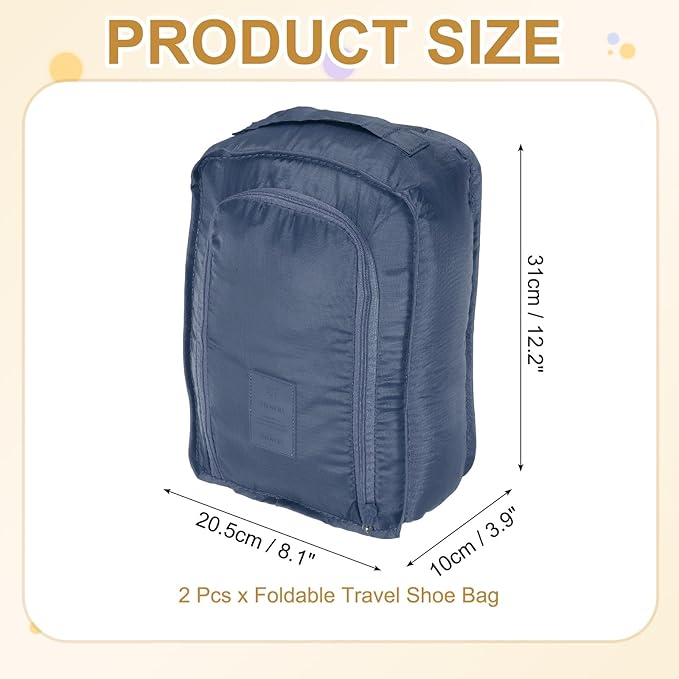 Foldable Travel Shoe Bag, Waterproof Shoe Pouches Organizer with Handle Travel Packing Cubes -Fitting for Storing (Sneakers/Sandals/Fitness Shoes) 2 Pcs & Navy Blue