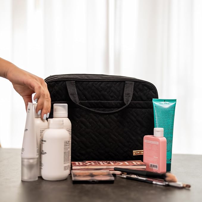 Carrywell (Not Made In China) Toiletry Bag Travel Bag with Hanging Hook, Makeup Organizer Case, Water-Resistant Cosmetic Bag For Full-size Containers, Toiletries, Black Large