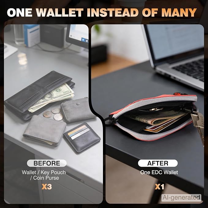 Coin Purse for Men, RFID Blocking 500D Nylon Small Wallet with Key Clip, Slim Front Pocket Card Holder, Zipper Coin Pouch & ID Window Organizer for Cards, Cash