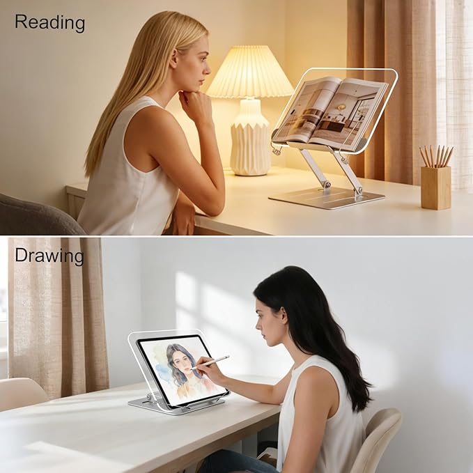 Acrylic Book Stand for Reading, Hands Free Foldable Desktop Book Holder, Height & Angle Adjustable Textbook Stand with Page Clips for Cookbook, Tablet, Music Scores