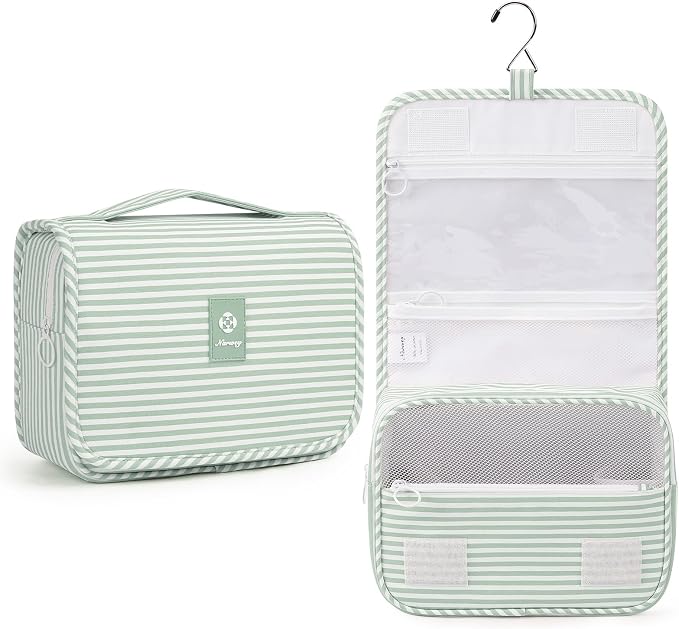 Narwey Small Hanging Toiletry Bag for Travel Women Girl, Striped Toiletries Travel Bag with Hook, Hanging Makeup Bag Organizer Make Up Cosmetic Bags, Gifts for Kids Teen (Mint Green Stripe)