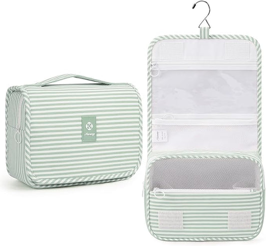 Narwey Small Hanging Toiletry Bag for Travel Women Girl, Striped Toiletries Travel Bag with Hook, Hanging Makeup Bag Organizer Make Up Cosmetic Bags, Gifts for Kids Teen (Mint Green Stripe)