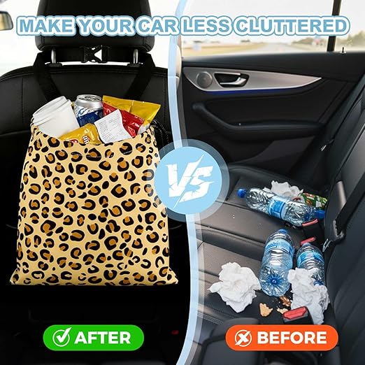 Yellow Leopard Pattern Car Trash Bag - Waterproof Car Trash Bag Hanging Leakproof Car Garbage Bag - Washable Reusable Trash Bag For Car Interior Hanging Organizer Storage Vehicle Travelling Camping
