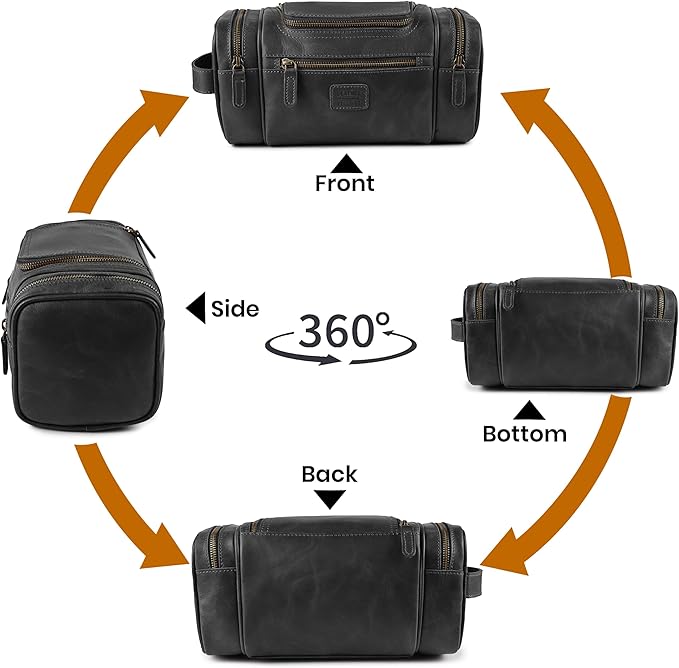 LEATHER VILLAGE Genuine Leather Travel Dopp Kit for Men & Women – Large Capacity Hanging Toiletry Bag with Water-Resistant Lining – Ideal for Travel, Grooming & Gym - Black