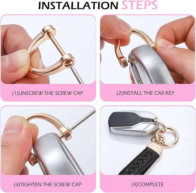 Car Keys Keychain, Leather Key Chain, Pink Leather Wristlet Keychain with 2 Key Ring andAnti-Lost D-Ring, Keyfob holder for Women Men (Pink)