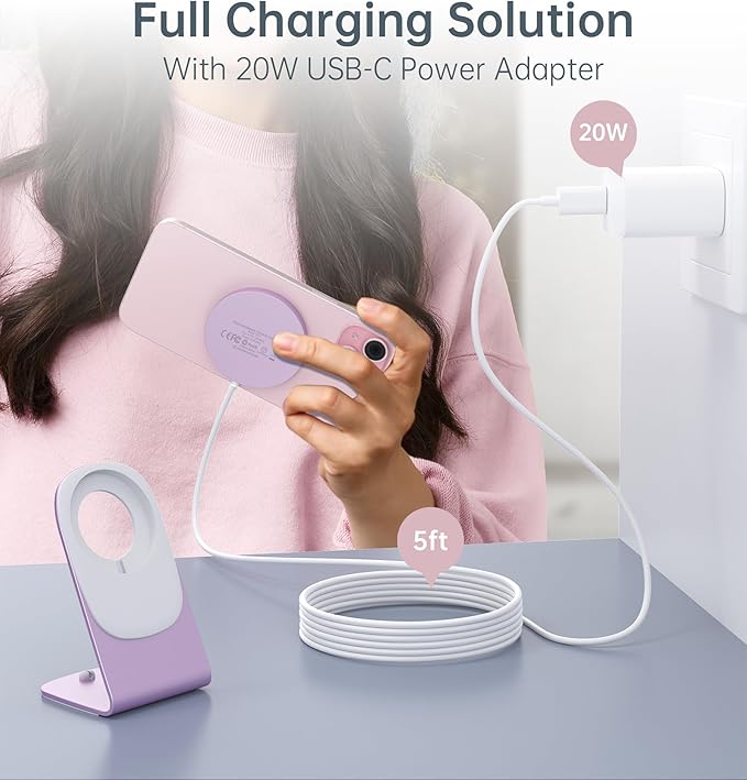Magnetic Wireless Charger for iPhone 17/16/15/14/13/12 - Mag Charger+20W USB C Adapter, Fast Wireless Charging Stand/Pad with 5ft Cable for iPhone 17/16/15/14/13/12 Pro Max Plus Mini 17 Air, Pink