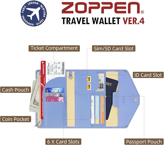 ZOPPEN Mulit-purpose Rfid Blocking Passport Holder Travel Wallet (Ver.4) Passport and Vaccine Card Holder ComboTri-fold Document Organizer Travel Essentials