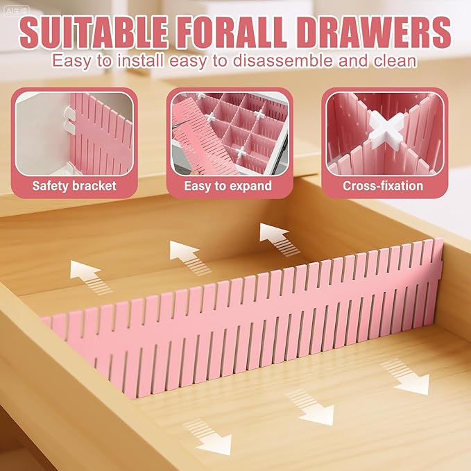 Blosssound 15 Pcs 5.12 Tall Drawer Divider Adjustable Drawer Organizer DIY Ultra Deep Storage Organizer Separator with Fixed Buckle for Underwear Socks Dormitory Office Kitchen Bedroom(Pink)