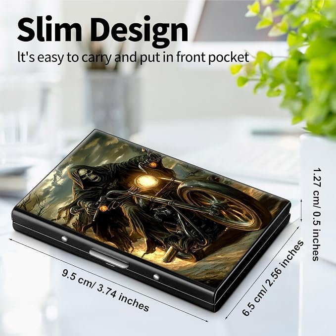 Metal Wallet, Credit Card Holder for Women Men Girls, RFID Blocking Aluminum Wallet Slim Hard Case, Mini Travel Wallet, ID Card Holder Business Card Case,Motorbike Skull