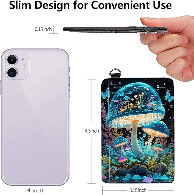 Slim RFID Blocking Card Holder Wallet with Wrist Strap - Minimalist Front Pocket Wallet, Colored mushroom 02 Design, PU Leathe, for Men & Women, Ideal for Travel & Gifts