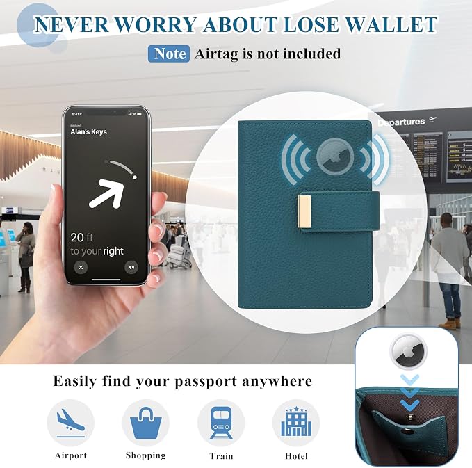 BKNOOU Slim Passport Holder RFID Blocking for Man & Women, Small Passport Holder with Airtag for Travel Compact Leather Passport Wallet Airtag, Zipper Coin Pocket Passport Cover Holder Card, Cash