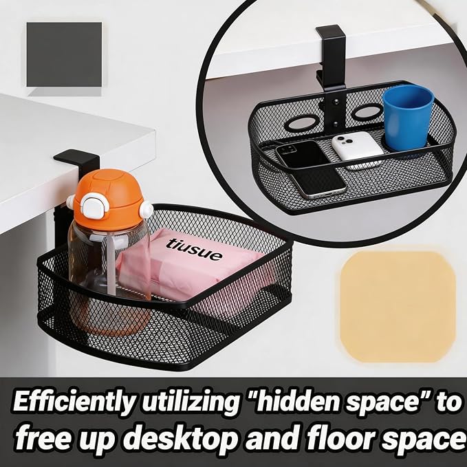 Clamp On Desk Organizer, Hanging Desk Shelf with Clamp, Metal Mesh Desk Drawer Attachment for Office Supplies, Phone, Pens, Glasses, No Drill Under Desk Storage