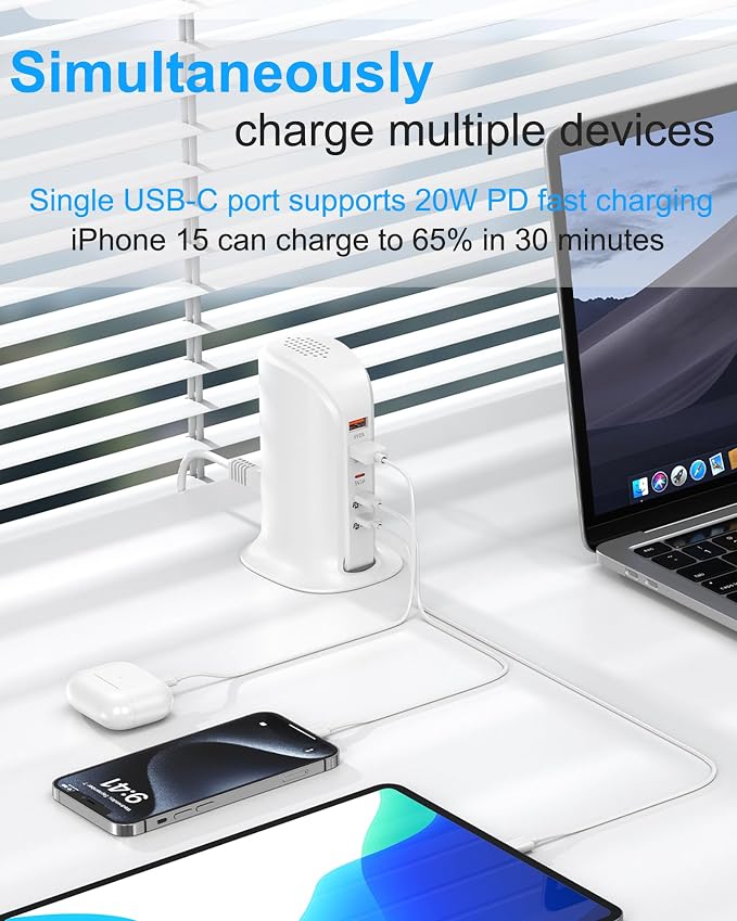 Charging Station for Multiple Devices: 5 USB Ports Wall Charger Block with Extension Cord, PD 20W Fast Charging Hub Charger Tower for iPhone iPad Tablets Smartphones, Home Office Use (White)