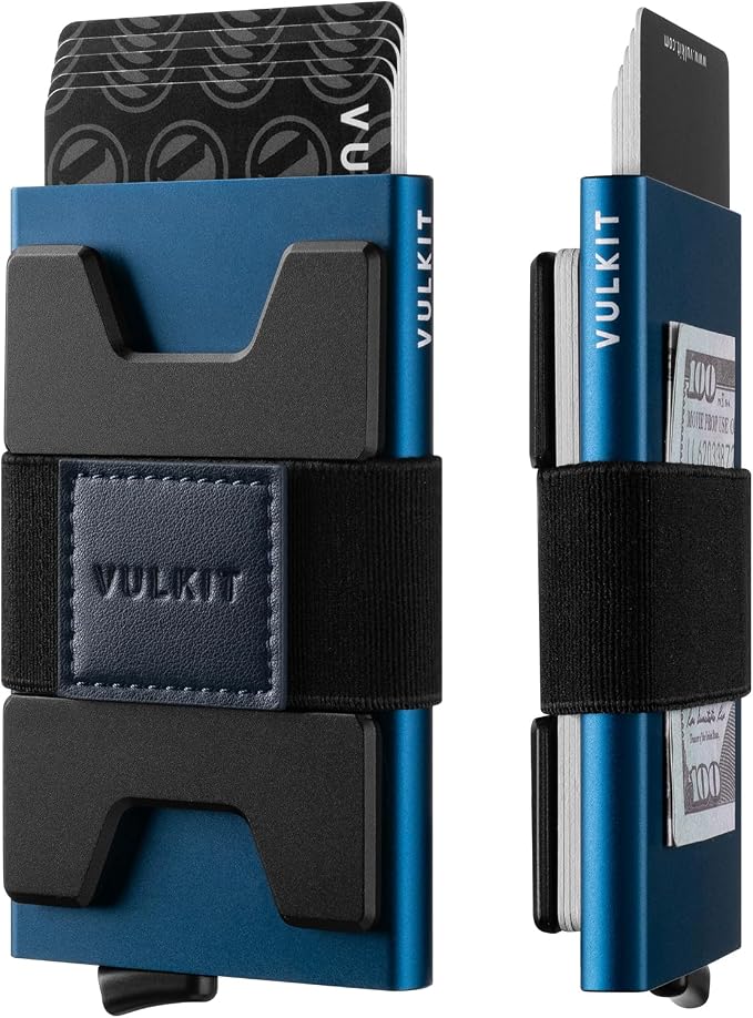 VULKIT RFID Blocking Card Holder Wallet for Men, Aluminum Expandable Backplate, Slim Minimalist Metal Pop Up Wallet, Holds 15+ Cards & Cash, Navy