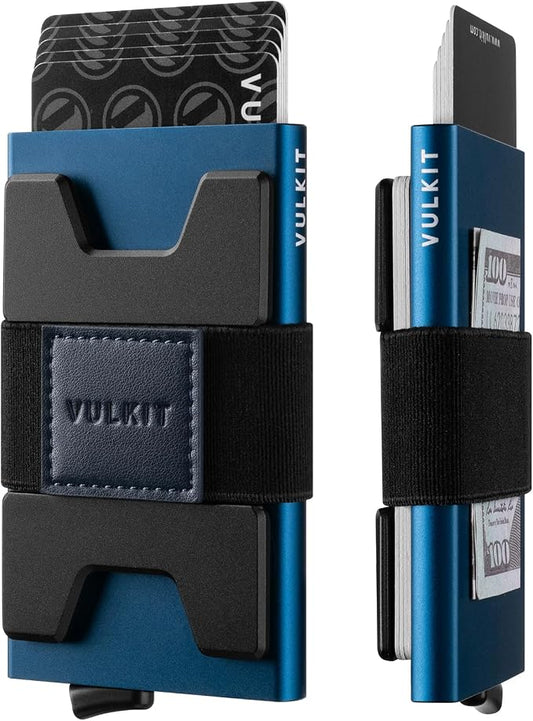 VULKIT RFID Blocking Card Holder Wallet for Men, Aluminum Expandable Backplate, Slim Minimalist Metal Pop Up Wallet, Holds 15+ Cards & Cash, Navy