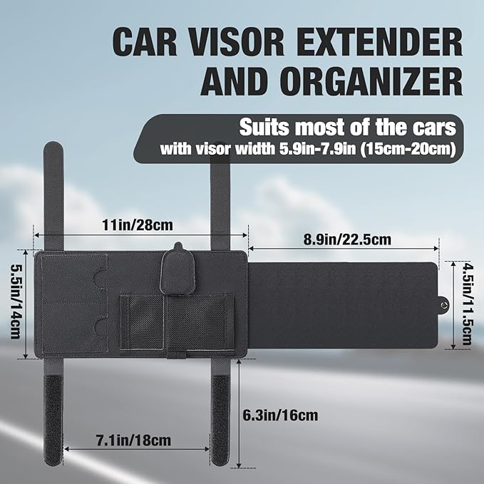 SEG Direct Sun Visor Extender for Car, Sun Blocker with Magnetic Sunglass Holder Hanger Clip, Ticket Card Organization Pouches, Side Sunshade Visor Organizer Accessories, Black