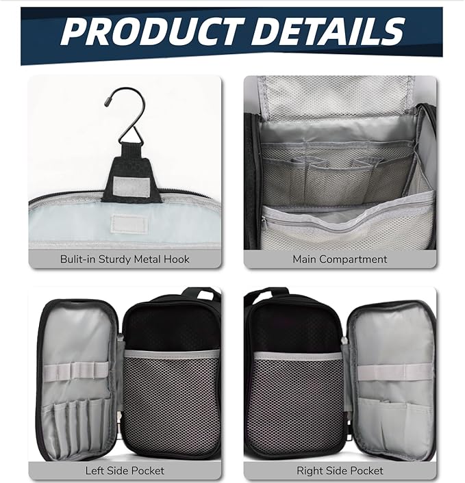 Buruis Hanging Toiletry Bag for Women and Men, Large Water-Resistant Makeup Organizer with Sturdy Hook, Lightweight Nylon Dopp Kit for Full-Sized Toiletries & Cosmetics, Black