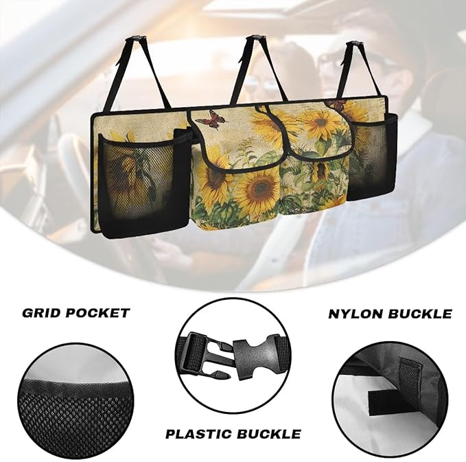 Yellow Sunflower Car Trunk Organizer, Backseat Hanging Large Storage with 4 Pockets & 3 Adjustable Straps Waterproof Cargo Bag Provides More Space for Groceries