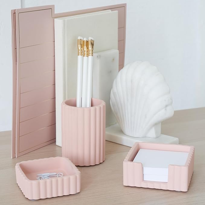 KIBAGA Modern Aesthetic Desk Accessories Set of 3 - Stylish Pink Concrete Organizers for Pens & Office Supplies - A Cute and Functional Addition to Your Workspace Decor