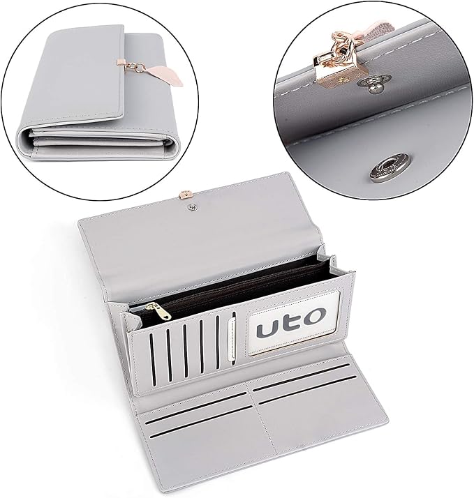 UTO RFID Wallet for Women PU Leather Leaf Pendant Card Holder Phone Checkbook Organizer Zipper Coin Purse | Leaf Pendant
