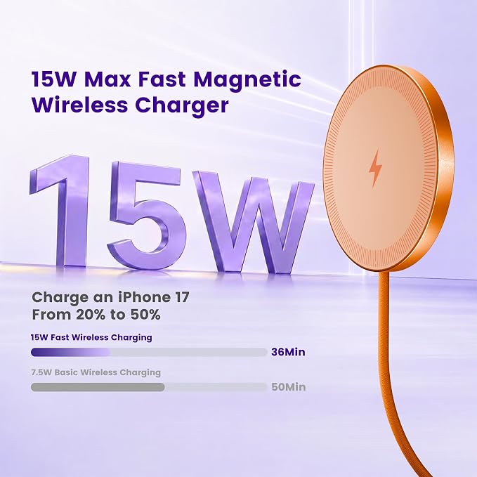 15W Wireless Charger for Apple MagSafe Charger, Magnetic Fast Charging Pad | Compatible for iPhone 17 16 15 14 13 12 Pro Max, AirPods-Slim Portable for Desk Bedside and Travel - 3 Pack, Orange