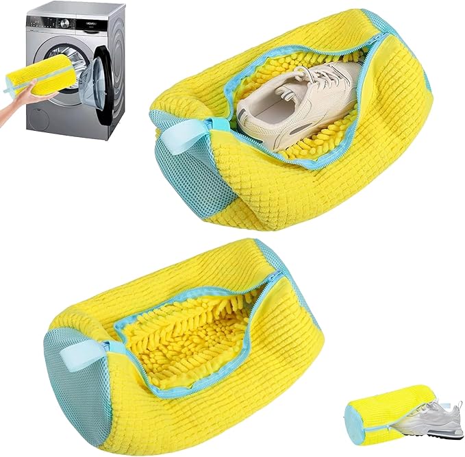 Shoe Washing Bag for Washing Machine,Fluffy Fibers Keep 360° Wrap-around Cleaning,2PCS Laundry Shoe Bag for Washer and Dryer,Invisible Zipper Side Opening Reusable Shoe Washing Bag for All Shoes