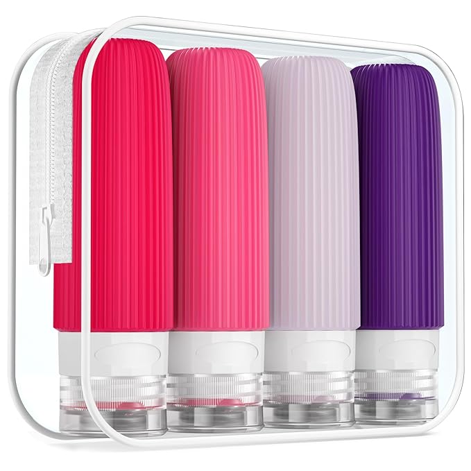 Mrsdry Travel Bottles for Toiletries, Tsa Approved 3oz Portable Travel Bottles, BPA Free Leak Proof Squeezable Silicone Travel Size Containers, Travel Accessories with Clear Toiletry Bag (4 Pack)