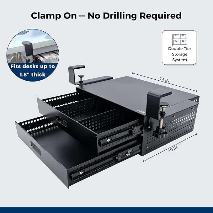 Under Desk Drawer – Clamp-On No-Drill Metal Organizer, Slide-Out Storage for Home & Office Desks