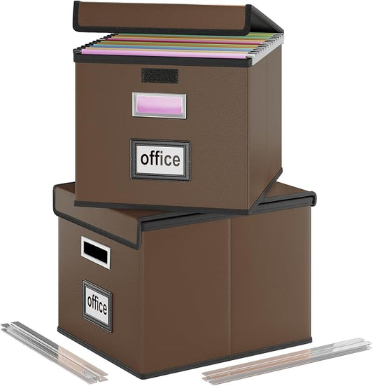 File Organizer Boxes with Lids, Collapsible Faux Leather Hanging File Folder Box Organizer with Plastic Slide, Decorative Home/Office Filing System Boxes for File and Folders Storage