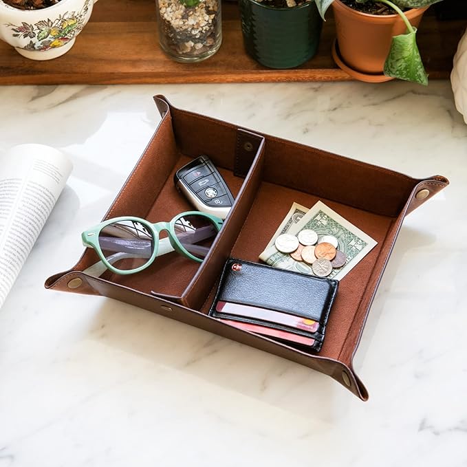 Londo Leather Tray Organizer - Practical Lightweight Water Resistant Computer Table Desk Storage Box for Wallets, Watches, Keys, Coins, Cell Phones and Office Equipment
