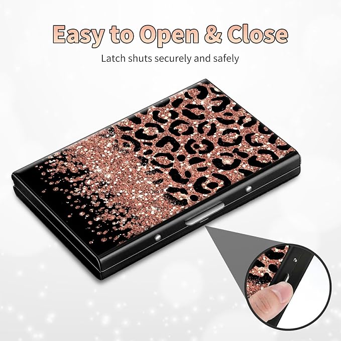Slim Credit Card Holder, Leopard Glitter RFID Blocking Metal Wallet for Men & Women, Aluminum Minimalist Hard Case Pocket-Sized Business Cards Organizer (Fits Up to 10 Cards)