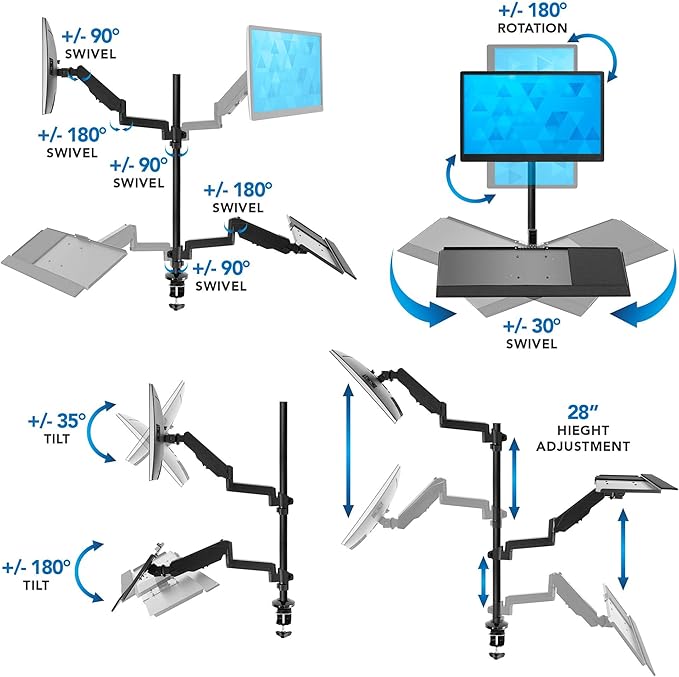 Mount-It! Sit-Stand Monitor Arm Desk Mount with Keyboard Tray, Single Monitor Fits Up to 32”, Height Adjustable Gas Spring, Full Motion Articulating Arm, Clamp or Grommet, Black