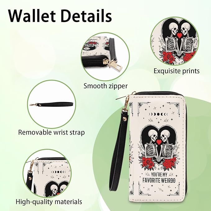 Gothic Romance Skull Wallets for Women - Slim PU Leather Womens Wallet with Cash Zipper Coin Purse, Small Credit Card Holder Travel Wallet, Wristlet Wallets for Female Ladies Purse (Dark Humor Gift)