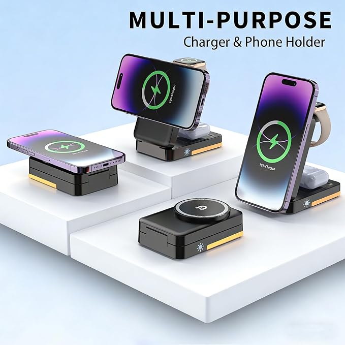 3-in-1 Travel Magnetic Charging Station for iPhone 17/17 Pro/17 Pro Max/Air/16 15 14 13 12 Pro Max Plus mini/Apple Watch/Airpods, Foldable Portable Wireless Charger Stand with Night Light-Black