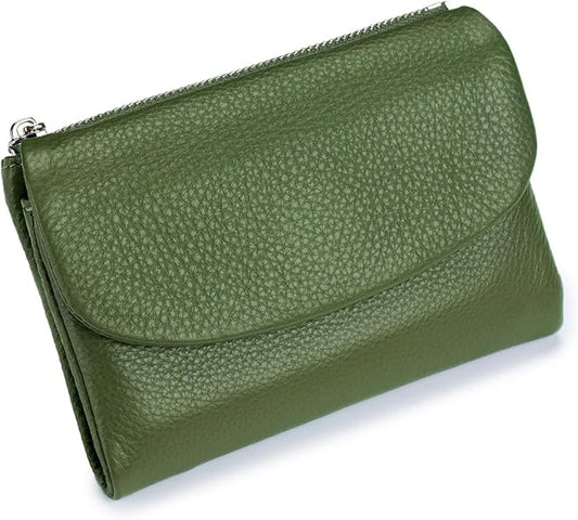 Premium Leather Wallet, Multi-Slot Card Holder with ID Window, Zipper Coin Purse, First Layer Leather (Olive Green)