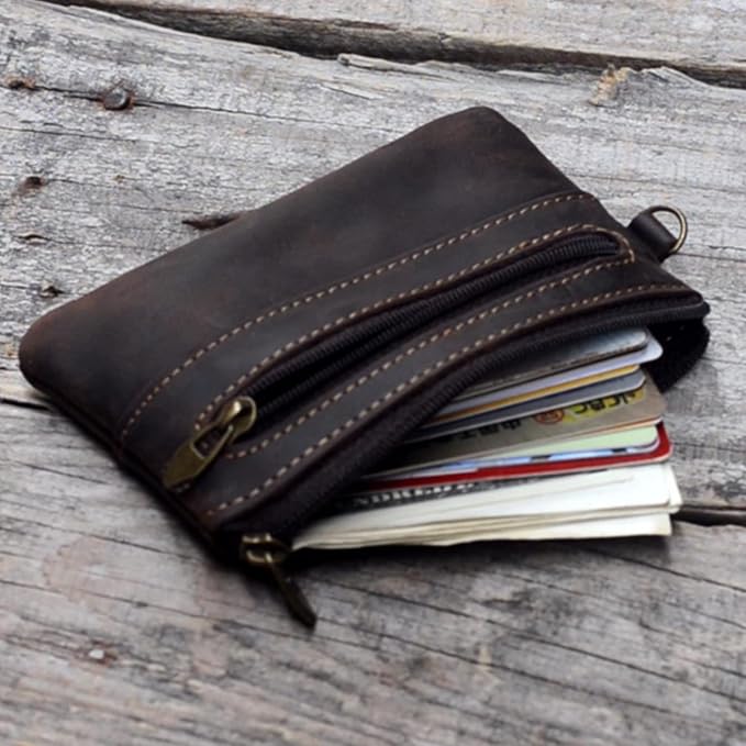 JJNUSA Genuine Leather Zipper Coin Purse for Men, Credit Card Case Holder, Mens Tray Purses Coin Purse Cash Change Wallet Car Smart Holder Money Pouch Darkbrown