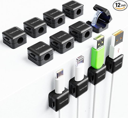 12-Pack Magnetic Cable Clips, Adhesive Cord Holder for Desk, Nightstand, Wall, Car - Organizes USB/HDMI/Charger Cables (No Residue, Black)