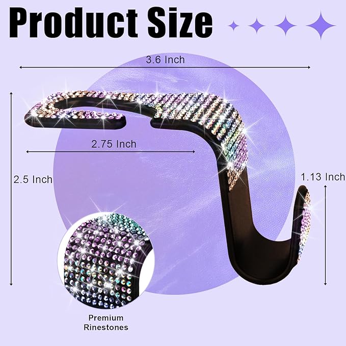 BFXM 6 Pack Bling Car Seat Headrest Hooks, Rhinestone Purse Hook for Car, Universal Storage Organizer for Handbag Grocery Bags Coats, Bling Car Accessories for Women (Bling Colorful)