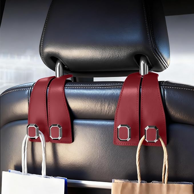 2PCS Car Headrest Hooks, Nappa Leather Metal Vehicle Double Seat Back Storage Hook for Purse Bag Coat, Multifunctional Automotive Interior Hanging Hanger, Universal Fit (Wine Red)