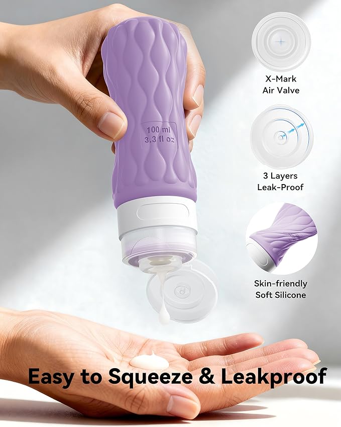 Silicone Travel Bottles for Toiletries 8 Pack Travel Size Toiletries 3.4 oz 1.7 oz, Leakproof Squeeze Travel Size Containers Refillable Cosmetic Jars Set for Shampoo, Conditioner, Creams